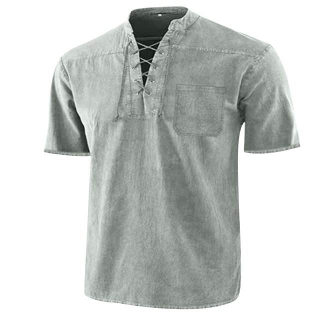 Mareep Blouse pour Hommes P-5TG Nouveau Style Printemps et Été Couleur Unie Rétro à Lacets Col Montant Chemise Décontractée à Manches Courtes