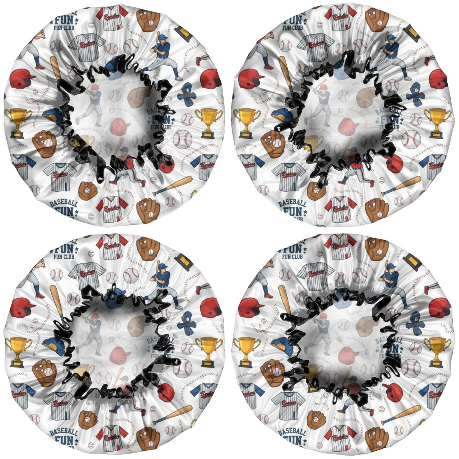 Shower Caps,White Baseball Elements Pattern Waterproof Shower Cap for Women 4 Pieces,Double Reusable Hair Cover for Shower PEVA Elastic Stretch Hem