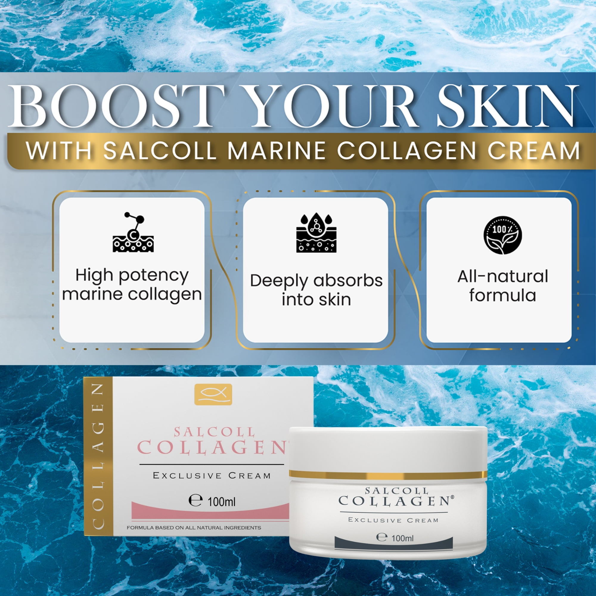 Salcoll Collagen, Collagen 100% Natural Anti-Aging Face Cream with Marine Collagen - 100 ml