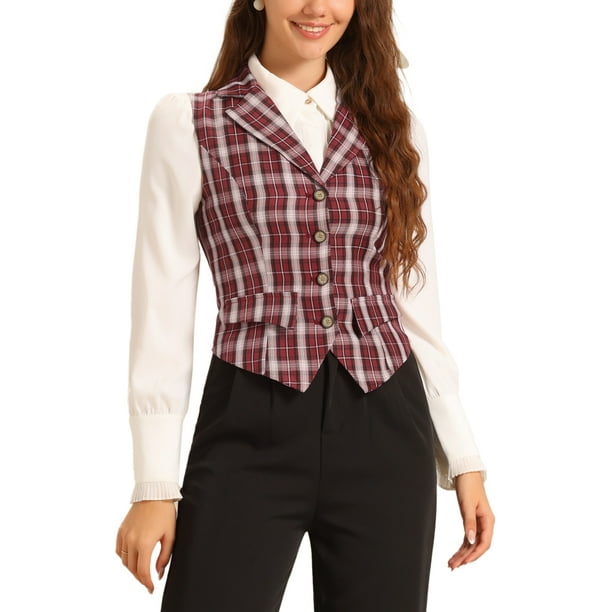CHALECO DE MUJER INSPIRE CHIC Con Cuello de Solapa Muesca Cuello en V De Un Solo Botón Vintage Patrón de Cuadros XL Rojo