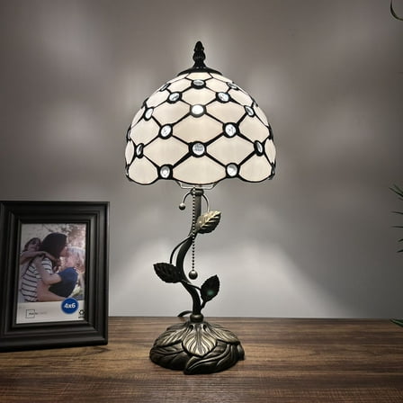 Tiffany Table Lamp White Stained Glass Crystal Beans LED Bulb Included for Living Room Bedroom Bedside 8"W*8"D*16"H