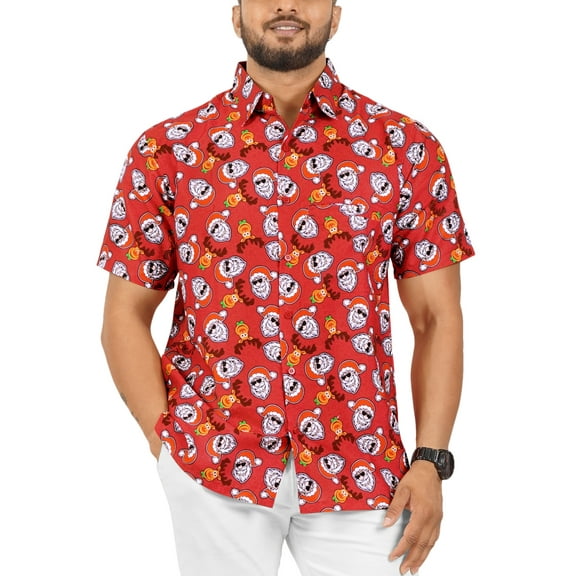 LA LEELA Men's Hawaiian Shirts Short Sleeve Button Down Shirt Mens Christmas Shirts Vacation Beach Party Shirts for Men Funny S Funny Santa Face, Red