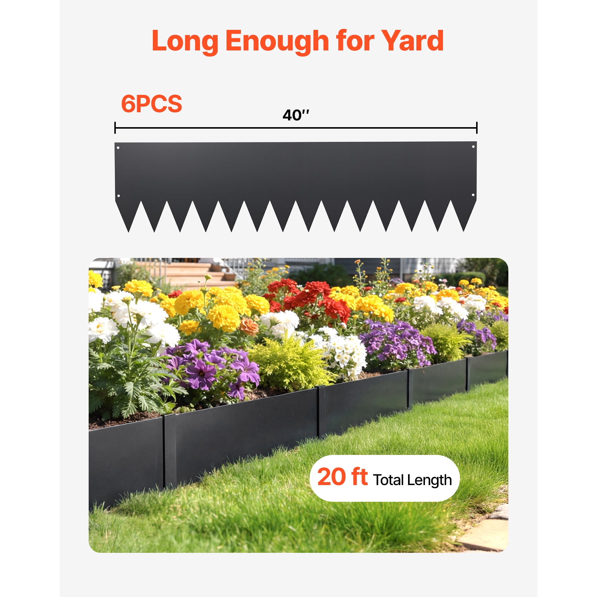 KFFKFF Galvanized Steel Landscape Edging, Set of 6, 40 x 10 Inch Metal Borders for Gardens and Pathways, Includes 8 Mounting Clips, Durable Metal Edging for Flower Beds and Yard Design, Black