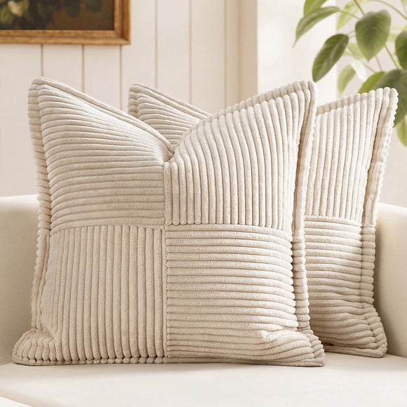 MIULEE Housses de Coussin en Velours Côtelé de Noël avec Ensemble de 2 à Empiècements, Super Douces, à Rayures Larges, Décoratives et Texturées, pour Coussin, Lit, Salon, 18 x 18 Pouces, Beige