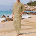 thumbnail image 2 of Mens 2 Piece Linen Outfits Long Sleeve Pullover Henley Shirt & Wide Wide Pant Sets Beach Fashion Loungewear (S, Khaki), 2 of 4