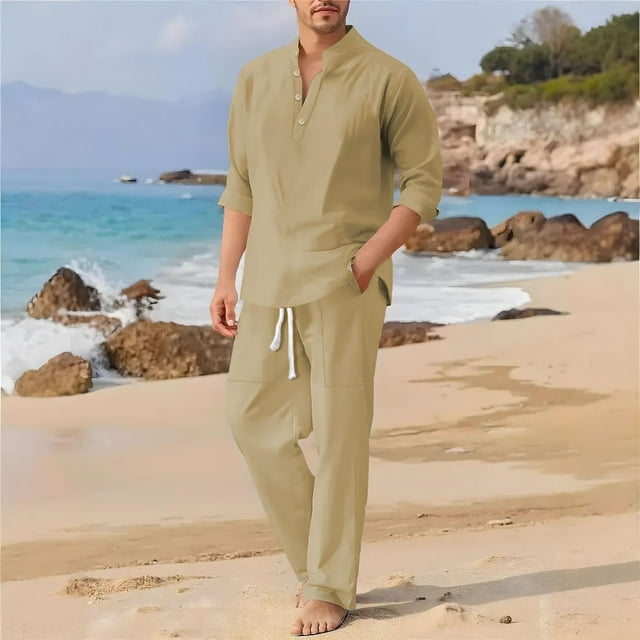 NTACZA 2 Piece Mens Set Long Sleeve Henley Pants Set Button Collared Vacation Set for Men 2X