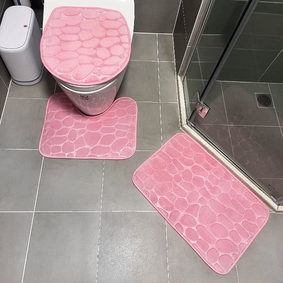 Nvzi Bathroom Carpet Set -3-Piece Soft Floor Mat Set with Light Pink Ribbon U-shaped/Circular/Square Mat, Bathroom Floor Anti slip and Absorbent Bath Mat