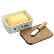 jalz jalz Butter Dish - Beautiful Farmhouse Kitchen Decor Butter Container With Wooden Lid and Knife(White)