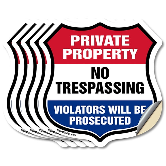 Private Property Shield Sign No Trespassing Violators Will Be Prosecuted (5 Pack) 4 inch X 4 inch Shield Shaped Heavy Duty 3.2 mil Vinyl Decals Weather Resistant, UV Protected Made in