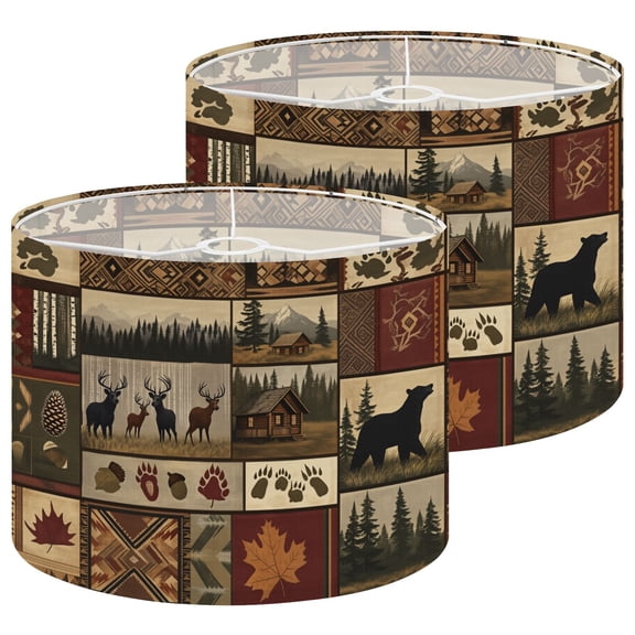 Hunting Cabin Lampshades 2 Pack Deer Farmhouse Leaf Plaid Brown Bear Pinecone 13"x13"x10" Light Shade for Table Lamps Floor Lamp Shades Cabin Lampshade Replacement Easy Assembly