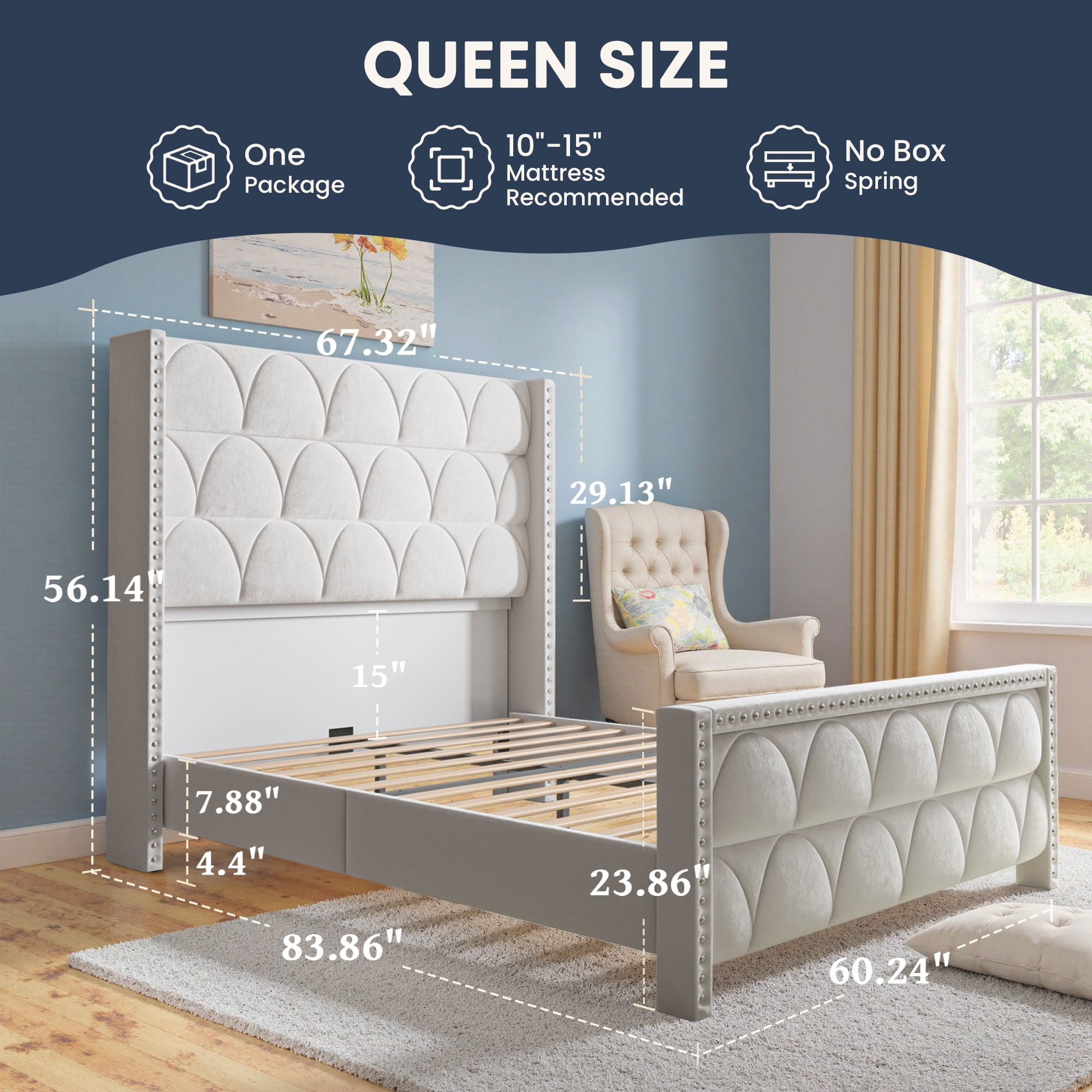 56" Velvet Upholstered Bed Frame with Wingback Headboard, Nailhead Trim, Wood Slat Support, No Box Spring Required