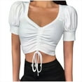 thumbnail image 2 of Babysbule Women's Tops Solid Summer V-neck Drawcord Fashion Casual Short Sleeve Tops, 2 of 5