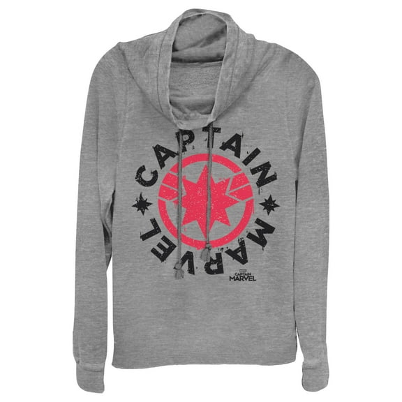 Junior's Marvel Captain Marvel Star Symbol Circle  Cowl Neck Sweatshirt Gray Heather 2X Large