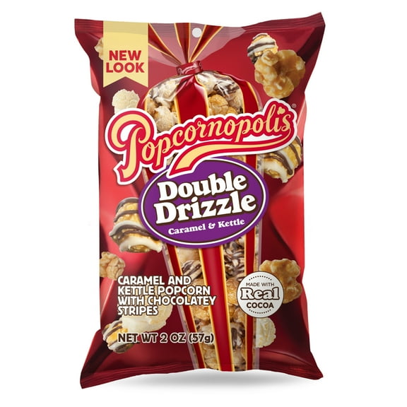 Popcornopolis Double Drizzle 2 oz Bag, Caramel and Kettle with Chocolatey Stripes Popcorn