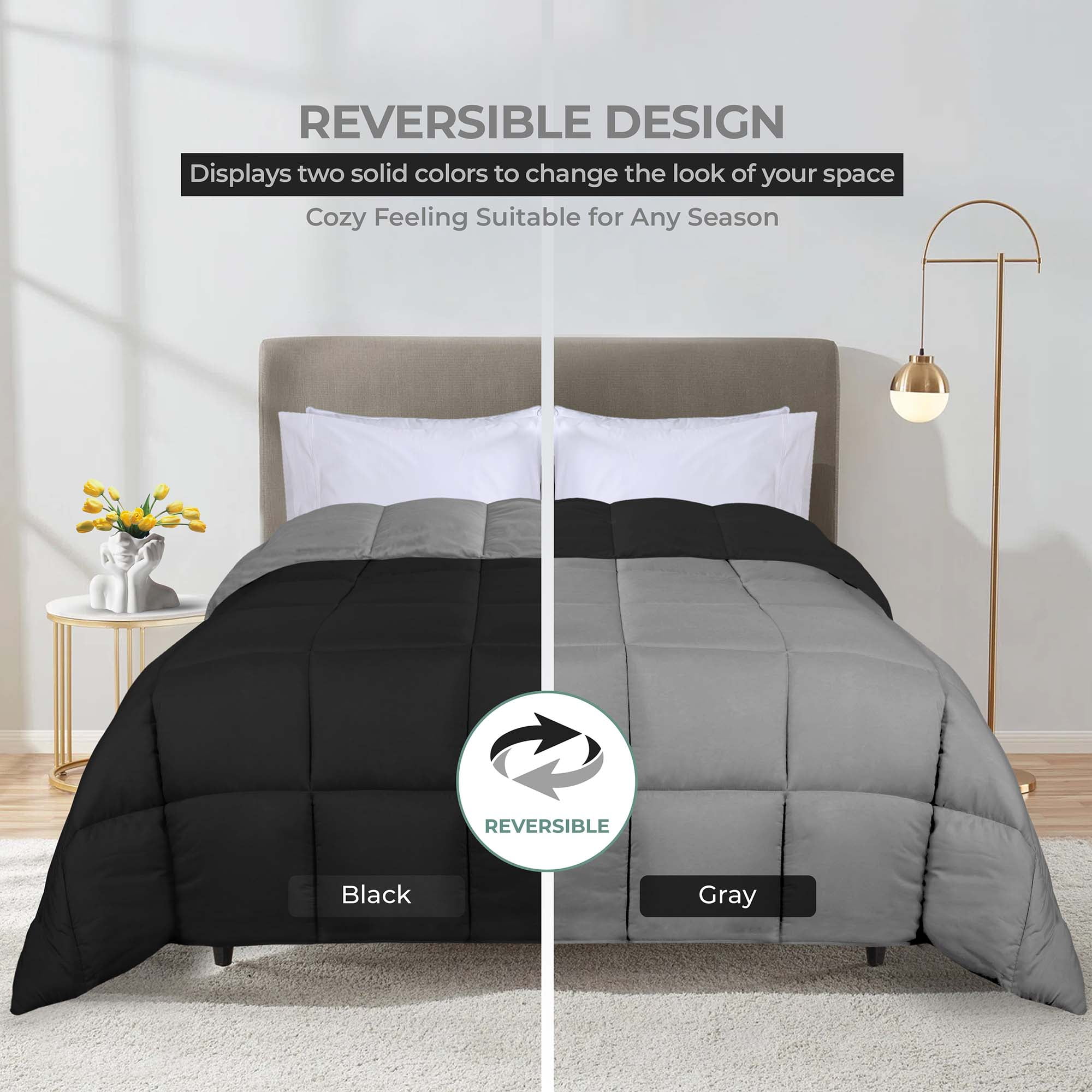 Superior Reversible Down Alternative Comforter, Full Queen, Black-Gray