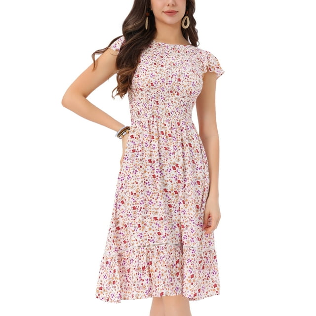 INSPIRE CHIC Vestidos de Mujer con Mangas Cortas, Vestido Midi Floral de Primavera Verano, Blanco M