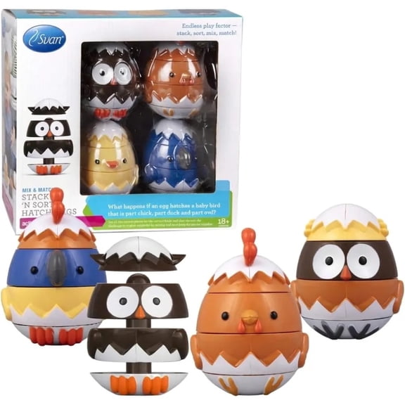 Egg Stacking & Sorting Animals, Mix & Match Adorable Hatching Friends- 4 Different Animals- Creative, Educational & Imaginative Hands On Building Toys- for Baby Toddler Kids Gift- Chick Owl Duck Bird