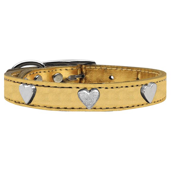 Silver Heart Widget Genuine Metallic Leather Dog Collar Gold 22