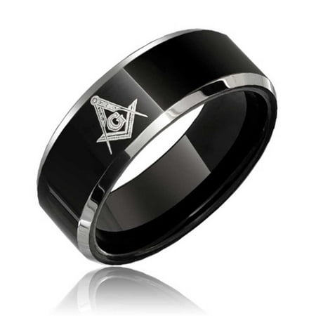 - Laser Etched Square & Compass Freemason Masonic Black Band Tungsten Rings For Men Comfort Fit 8mm