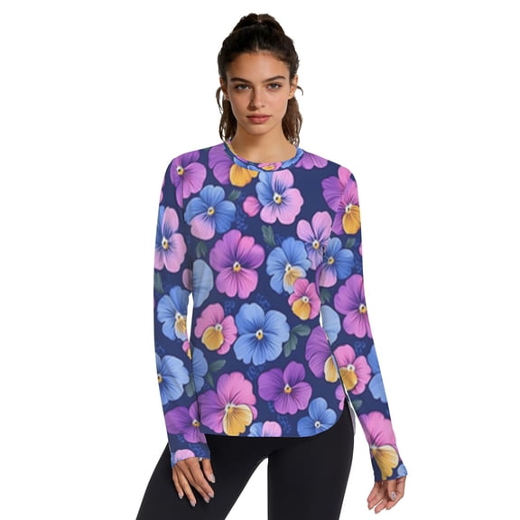 Bright Blue Purple Pansy Women UPF 50 UV Shirts Long Sleeve with Thumb Holes Workout Sun Shirt Quick Dry Athletic Hiking Tops