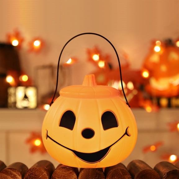 Halloween Pumpkin Light, Halloween Pumpkin Lantern Decor Candy Bucket with Handle & Lid, Hand Candy Jar Lighted for Trick or Treat Halloween Party Favor, 7.48x10.63in