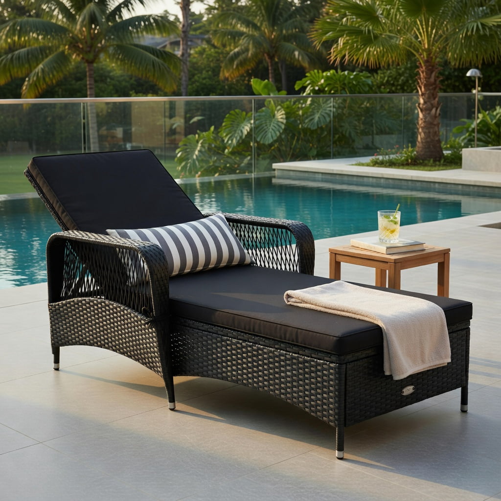 Hommoo Adjustable Outdoor Wicker Chaise Lounge Chair with Weather-Resistant Cushion & Lumbar Pillow, Steel Frame, Black