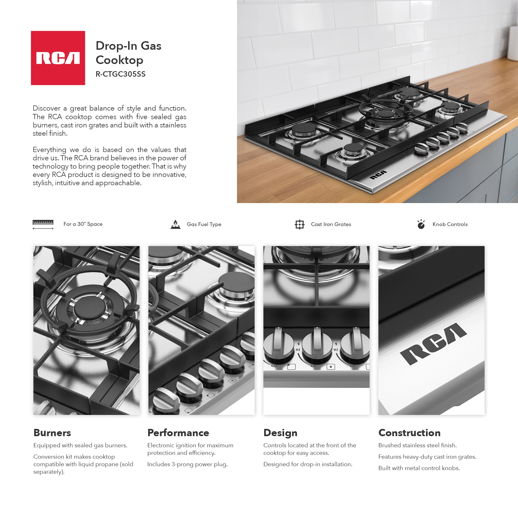 30 in. Century Collection Drop-In Gas Cooktop, 5 Burners, Cast Iron Grates, Metal Knobs in Stainless Steel