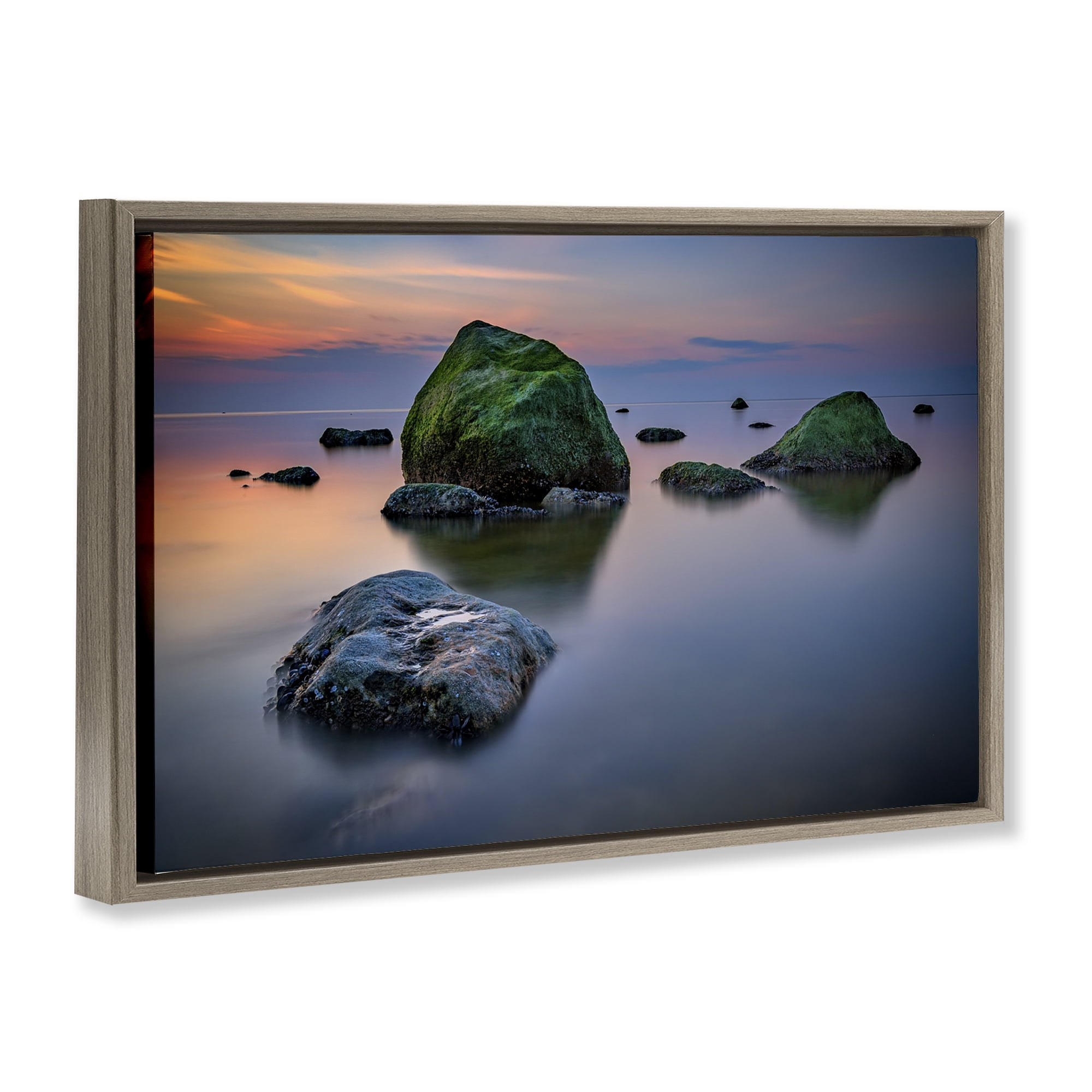 Stupell Industries Mossy Rocks Protruding Sea Landscape & Nature Photography Brown Floater Framed Canvas Art Print Wall Art, 25 x 17