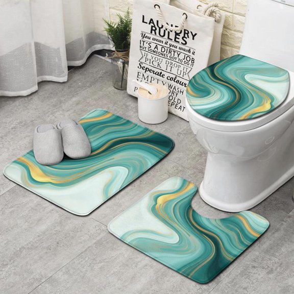Blue and Gold Marble Flow Veins Pattern Bathroom Rugs Sets 3 Piece,Toilet Cover Set,Absorbent Non Slip Bathroom Mats Sets with U-Shaped Contour Rug Toilet Rug Set