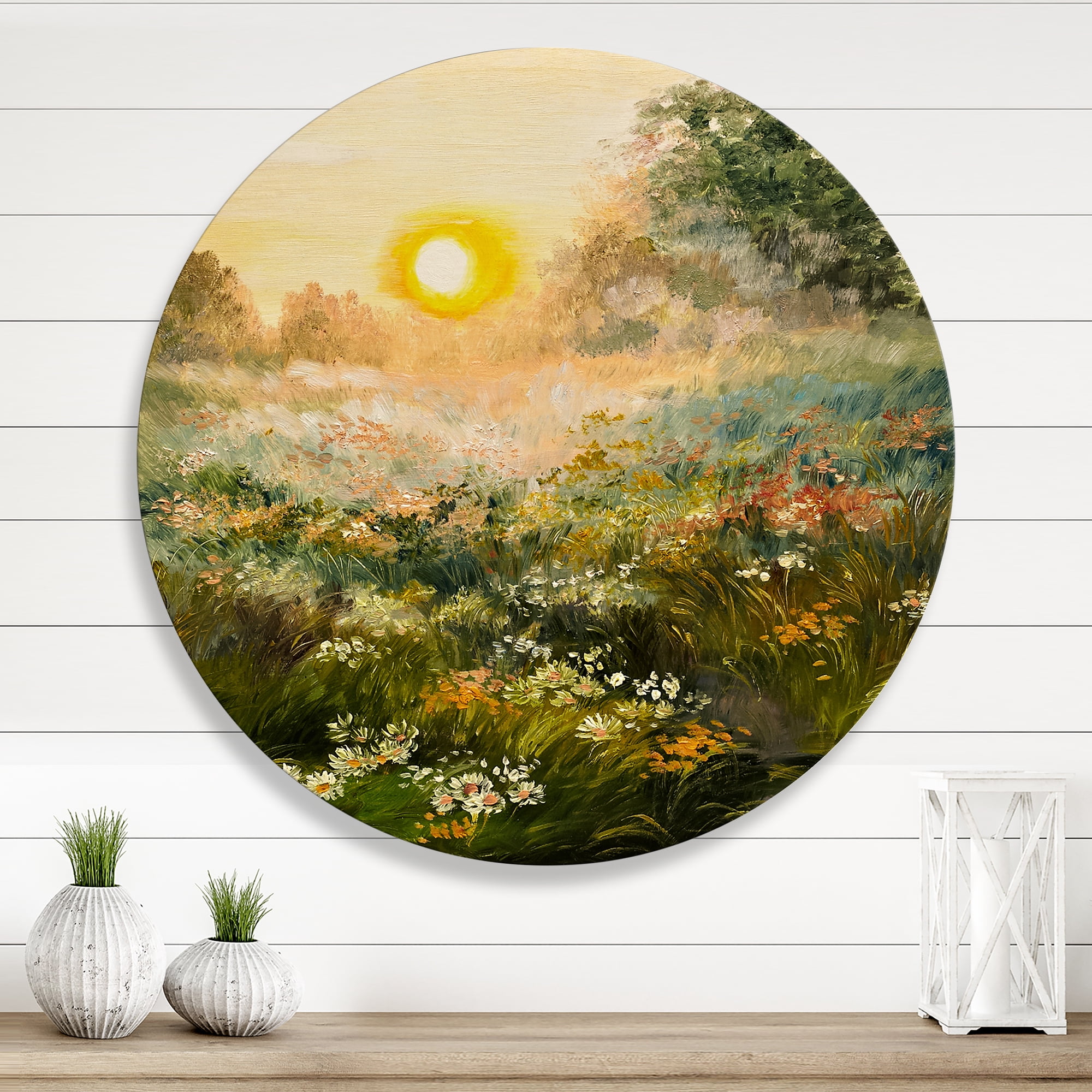 Designart 'The Blossoming Field With Sunrise' Farmhouse Circle Metal Wall Art 11x11 - Disc of 11