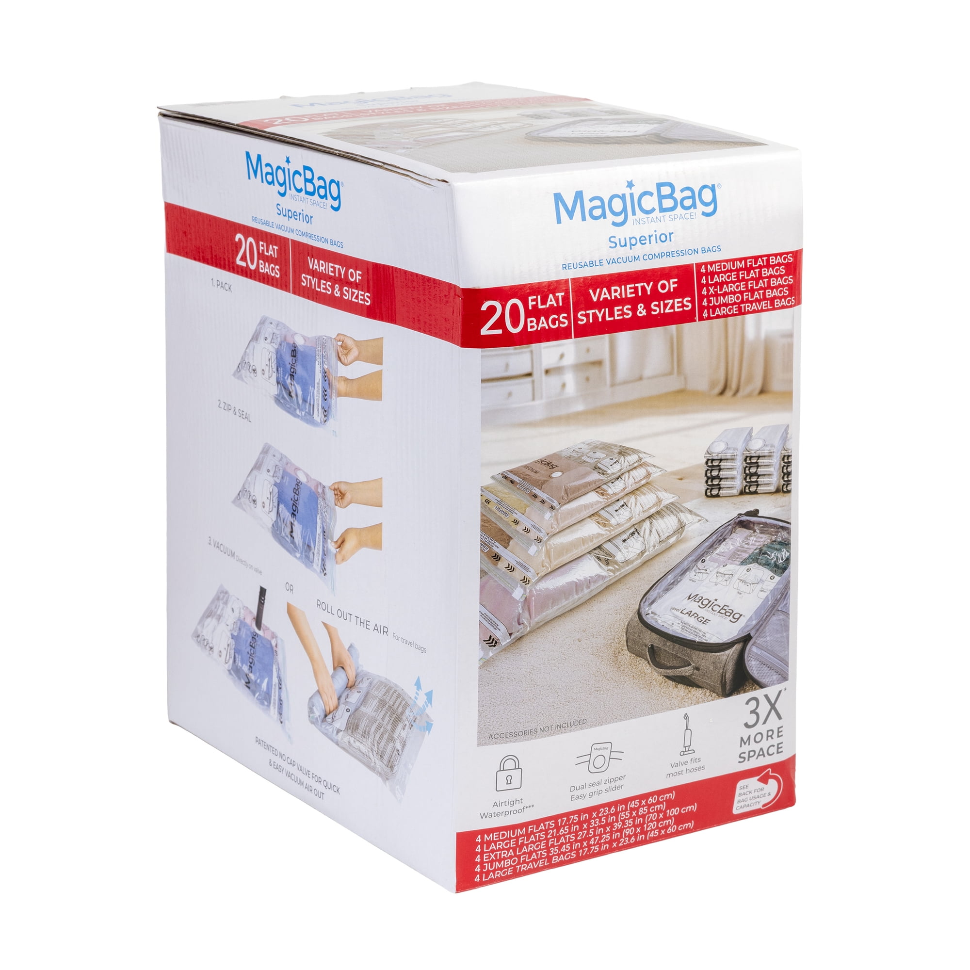 MagicBag Variety Pack Vacuum Storage Bags, 20 Pack Flat Compression Bags for Clothing & Bedding, Space Saving & Airtight