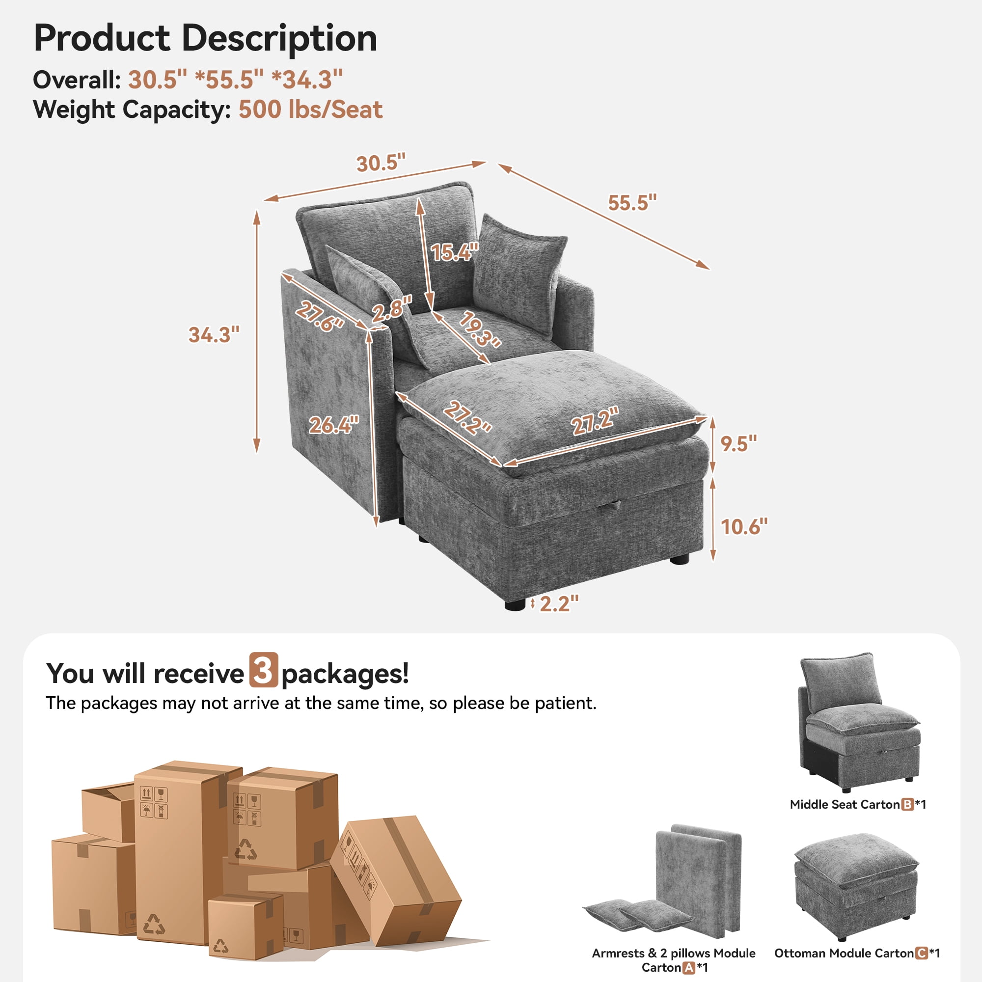 WUTUTUEE Cloud Modular Single Sofa Chair with Storage Ottoman, Modern Upholstered Chenille Accent Chair for Living Room, Bedroom, Small Space, Gray