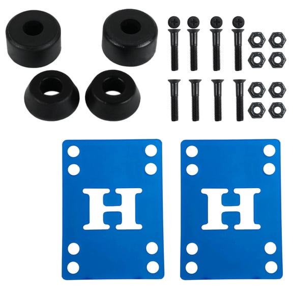 Skateboard Bushings Hard 98 with Blue Riser Pads and 1" Phillips Hardware