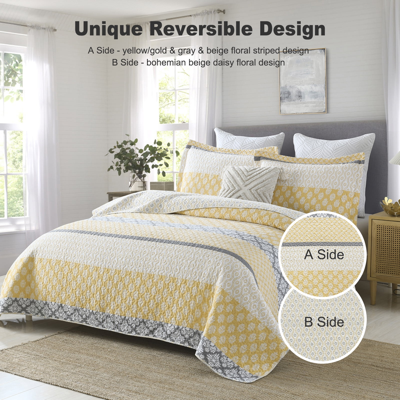 Bedduvit Quilt Bedspread for Queen Bed, 100% Cotton Gold Yellow Gray Floral Striped Reversible Quilts, Lightweight Farmhouse Summer Fall Printed Queen Quilt Comforter Set, 3-Piece 98"x90"