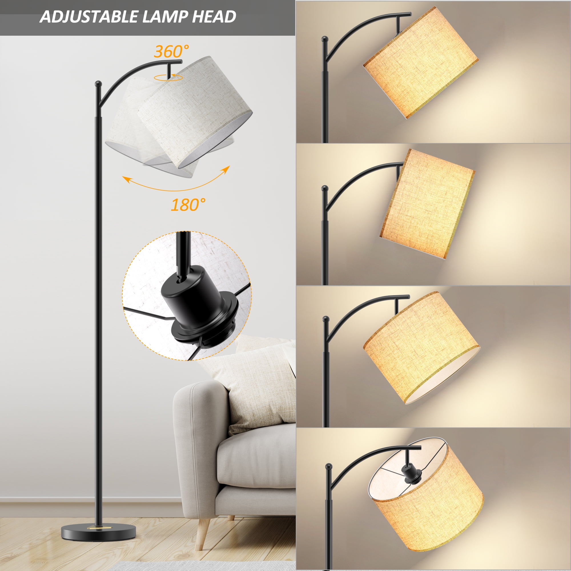 JURULU 62'' Arched/Arc Floor Lamp with Remote Control and Bulb Included,White Lampshade