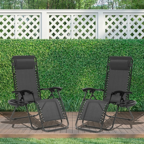 Zero Gravity Chairs, Set of 2 Portable Recliner Beach Camping Patio Outdoor Folding Lounge Chair with Cup Holder Trays and Adjustable Pillow for Poolside, Garden, Backyard, Lawn (Black)