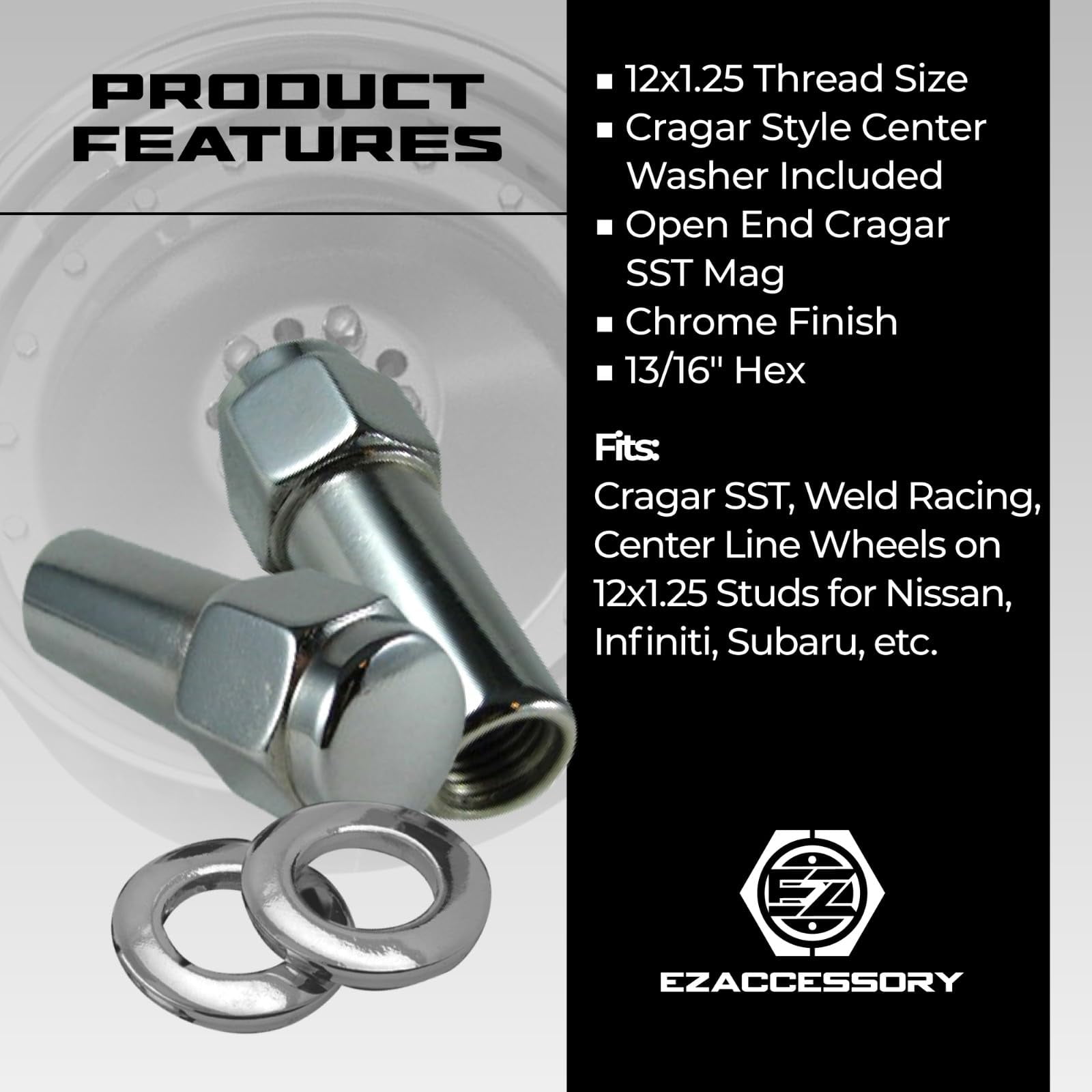Cragar SST Mag Lug Nut 12x1.25 with Center Washer Set of 24 Pcs