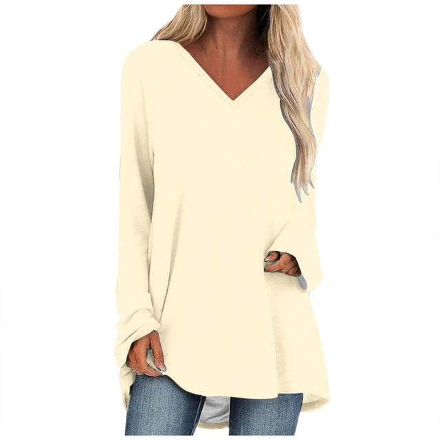 KIHOUT Spring Winter Womens Tops Solid Color T-shirt Long Sleeves Blouse V-Neck Casual Mid-Length Blouse Tops