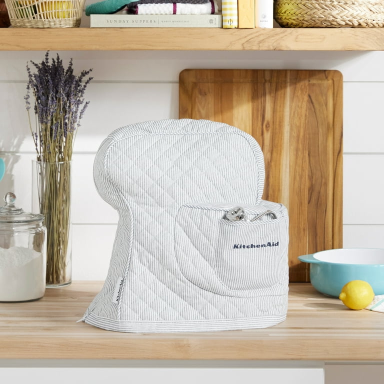 KitchenAid Fitted Tilt-Head Ticking Stripe Stand Mixer Cover with Storage Pocket, Quilted 100% Cotton, Ink Blue, 14.4 inchx18 inchx10 inch