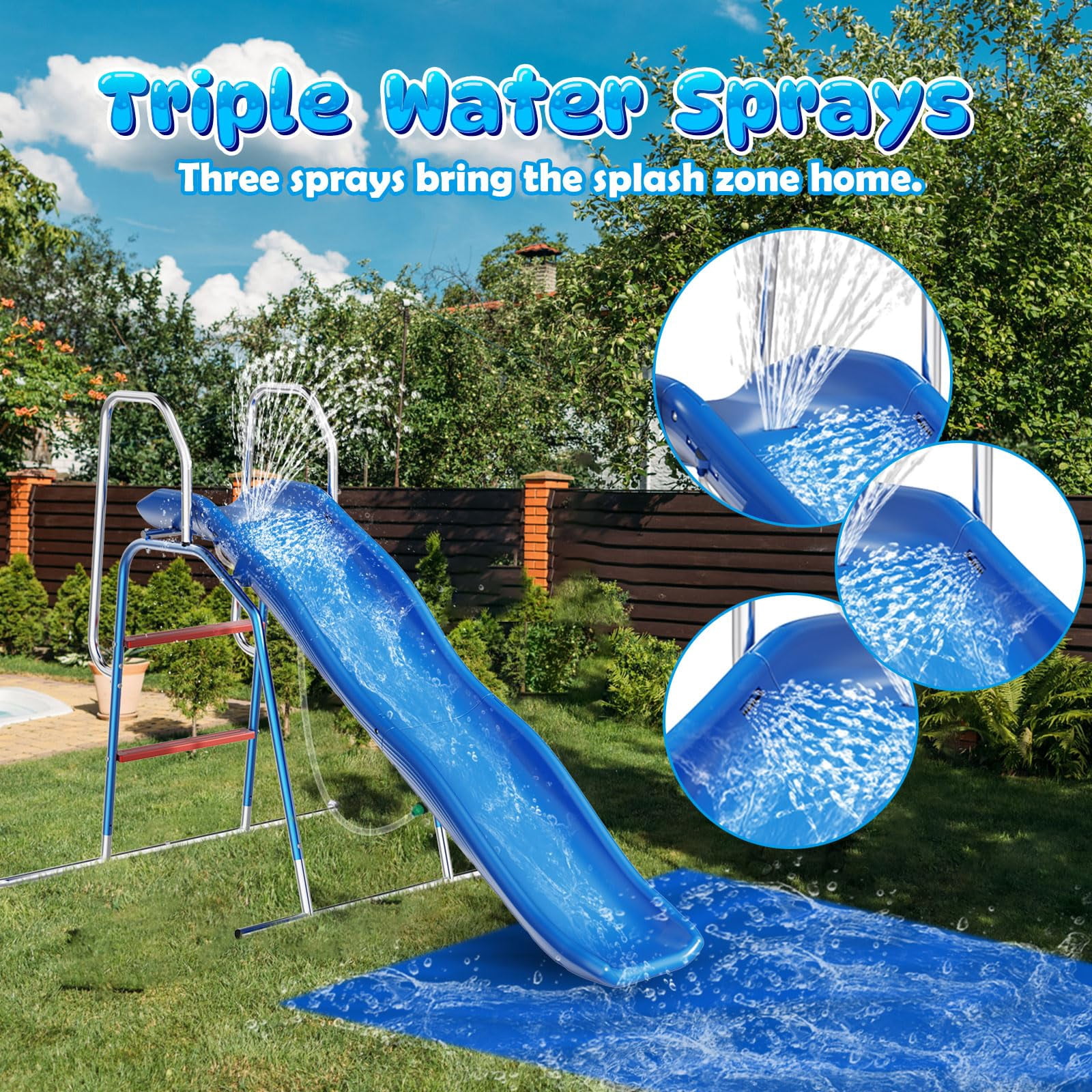 Lawn Water Slide with 3-Zone Spray Sprinkler and Ground Tarp Backyard Summer Outdoor Play