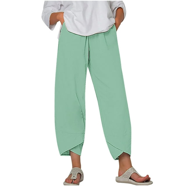 Timegard Plus Size Pants for Women Elastic Waist Solid Color Comfy Fall Casual Crop Pants with Pockets
