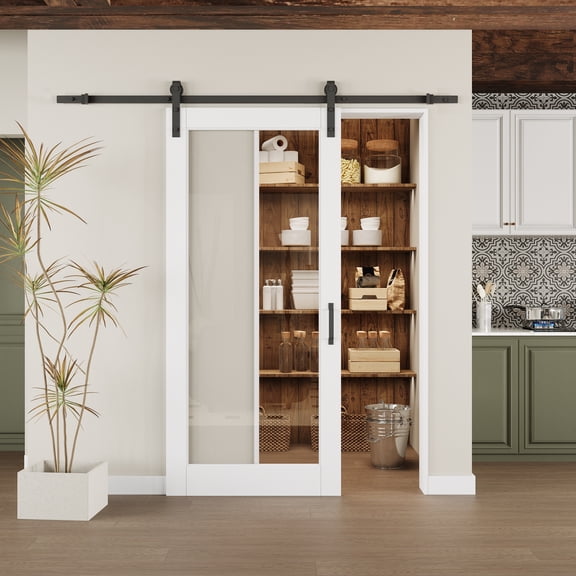 36" x 80" Modern White Primed And 1-Lite Clear Glass Sliding Barn Door With Installation Hardware Kit(No Assembly Required)