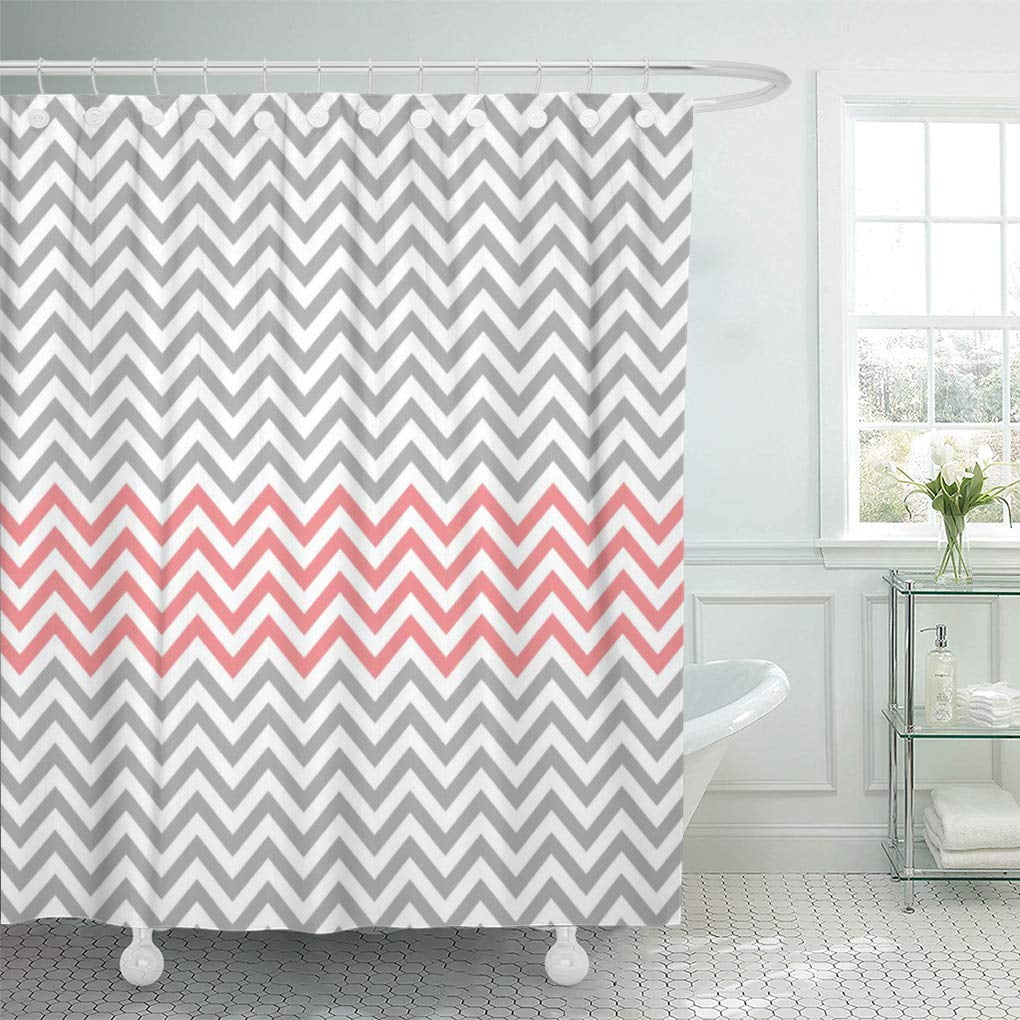 SUTTOM Chic Grey White and Coral Girly Zigzag Shower Curtain 60x72 inch