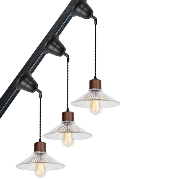 KAYYELAMP Set Three Adjusted Cable H System Track Lamp Walnut Base Clear Glass Shade Modern Pendant Lighting for Slope Position Roof Kitchen Dining Room(No Bulb, Track)