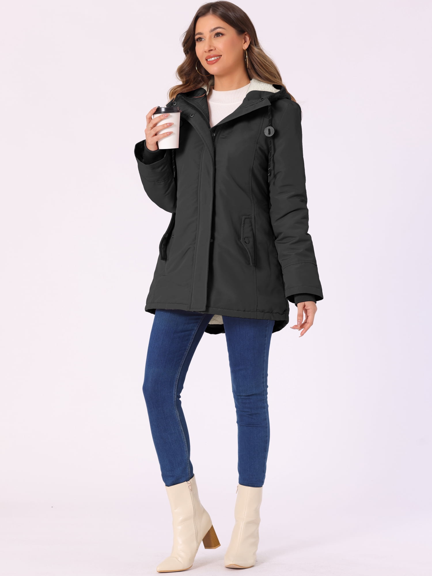 DARING DIVA Women's Winter Coat with Faux Fur Hood and Multiple Pockets M Black