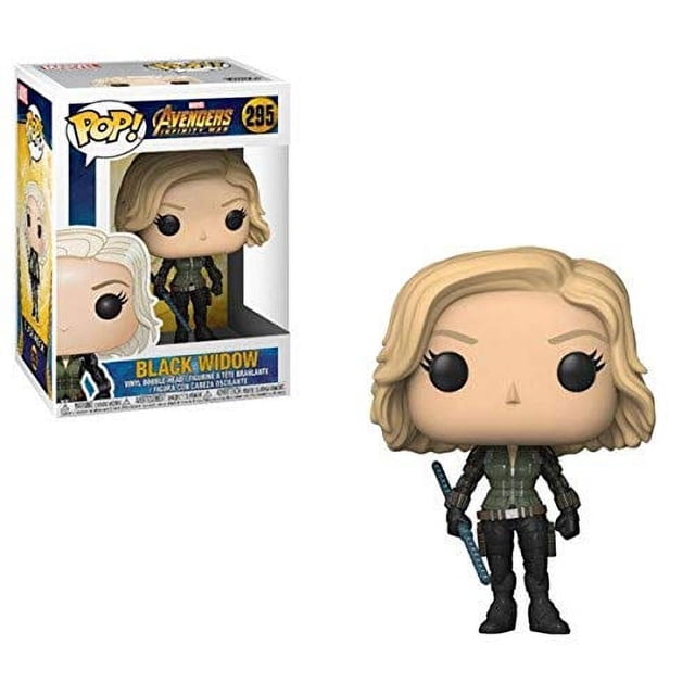 figura funko pop! marvel avengers infinity war black widow funko caja expositora, vista 3/4: figura de vinilo POP de 3 3/4 pulgadas con cabello rubio corto ondulado, ojos negros estilo POP, traje verde oscuro con detalles tácticos, botas negras y bastón azul; se muestra la caja con ventana y el logo de Avengers Infinity War; adecuada para exhibición y como coleccionable.