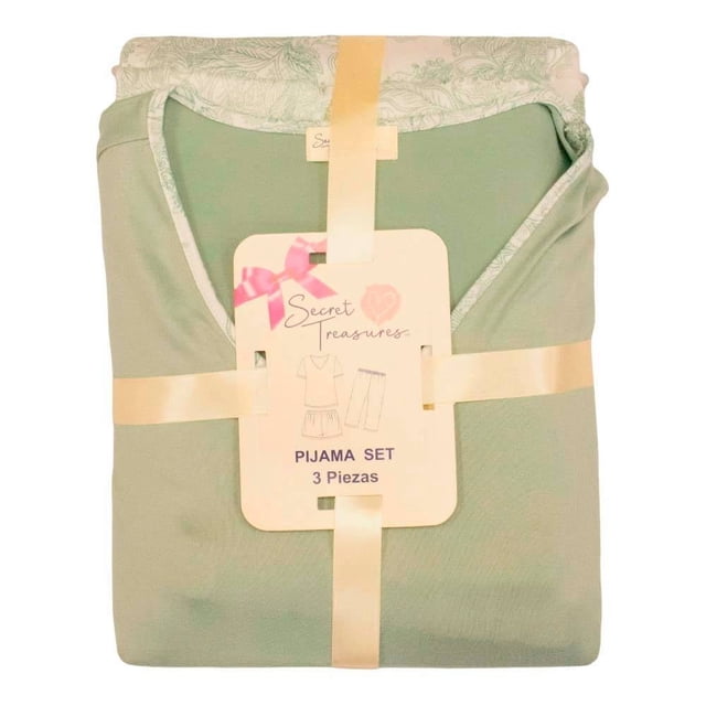 Set Pijama Secret Treasures Talla CH Diseño de Hojas Cuello V Verde 3 Piezas