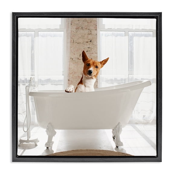 Stupell Industries Happy Dog in Bathroom Tub Animals Painting Black Floater Framed Canvas Art Print Wall Art, 18 x 18
