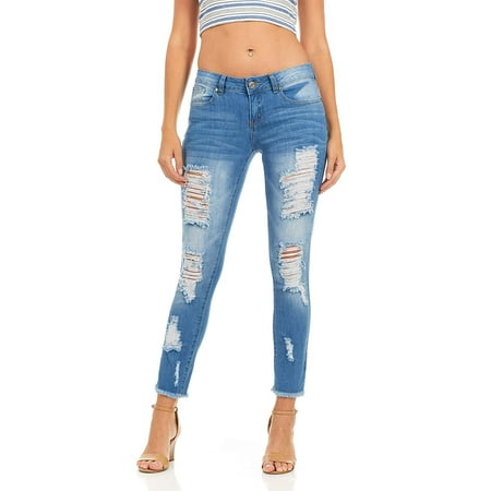 Cover Girl Women's Size Distressed Ripped Skinny Jeans Juniors, Blue Distressed, Plus (Best Jeans For Size 14)