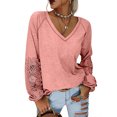 thumbnail image 1 of Mujer Top Cuello En V Linterna Manga Larga Encaje Moda Transpirable Casual Fit Blusa Rosa S, 1 of 5